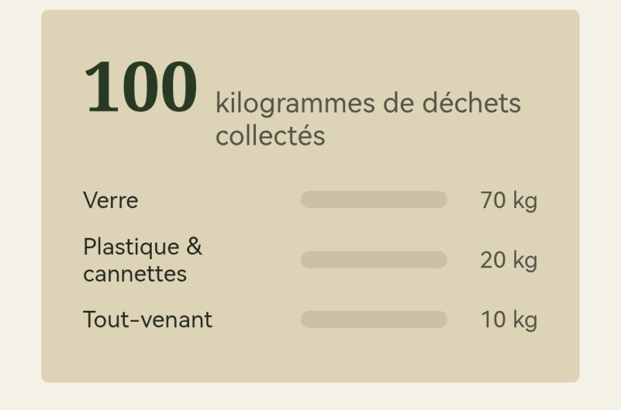 Infographie sur les déchets collectés, indiquant 100 kilogrammes au total, avec 70 kg de verre, 20 kg de plastique et canettes, et 10 kg de tout-venant.